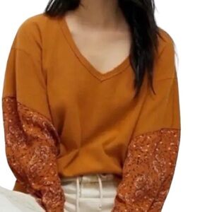 ANTHROPOLOGIE ANNETTE GOLDENROD YELLOW ORANGE FLORAL SLEEVE THERMAL SHIRT SZ XS